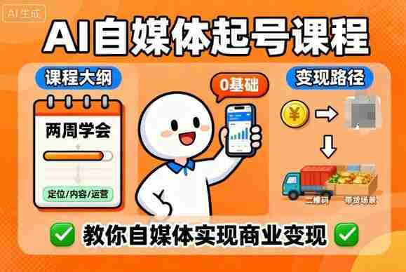 AI自媒体起号课程，0基础小白两周学会，教你自媒体实现商业变现